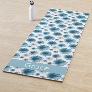 Custom Blue White Daisy Floral Pattern Yoga Mat