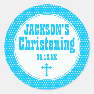 Custom Blue & White Dot Christening Sticker, Cross Classic Round Sticker
