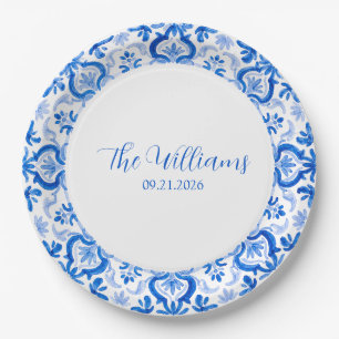 Custom Blue White Faux Delft Wedding Paper Plate