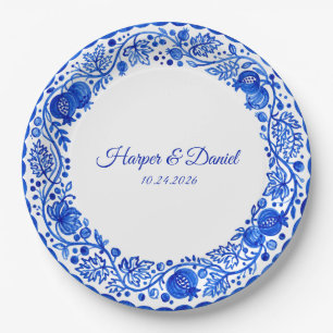 Custom Blue White Faux Delft Wedding Paper Plate