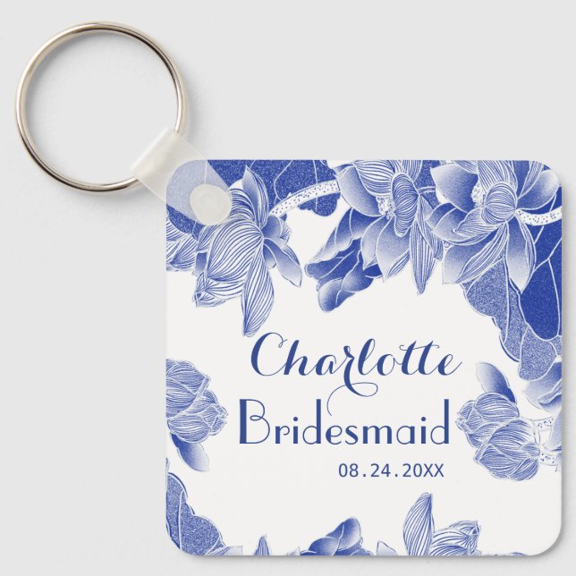 Custom Blue White Floral Bridesmaid Wedding Favor Key Ring (Front)