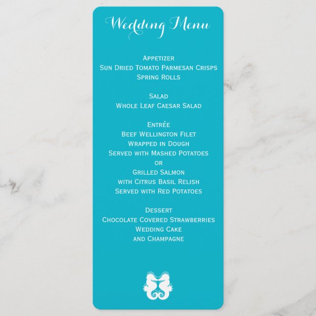 Custom Blue White Seahorse Wedding Menu (Front)