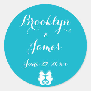 Custom Blue White Seahorse Wedding Stickers