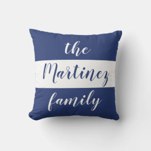Custom Blue White Stripes Family Name Cushion