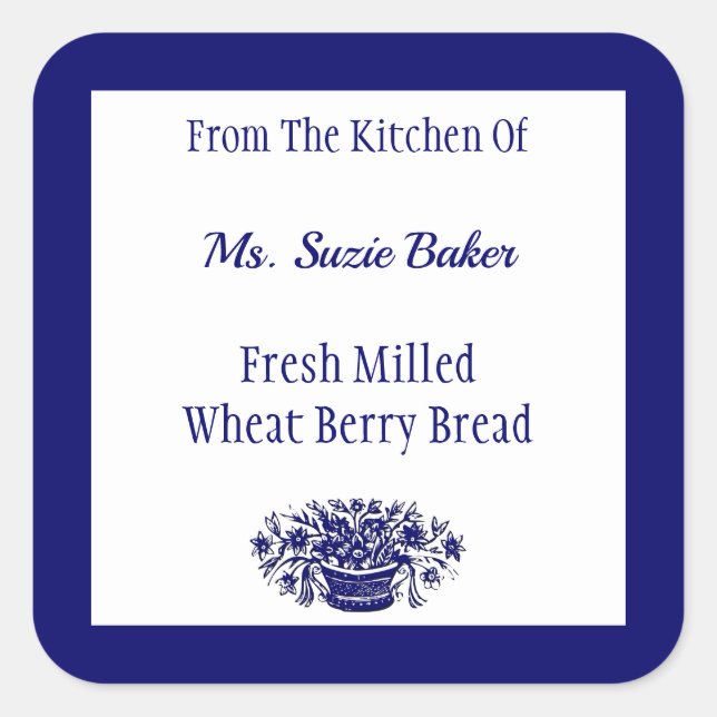 Custom Blue White Vintage Flowers Food Labels (Front)