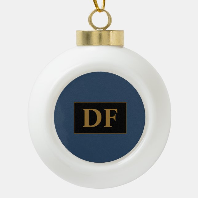 Custom Blue With Gold Initials Ceramic Ball Christmas Ornament (Front)
