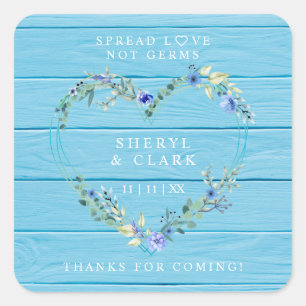 Custom Blue Wood Floral Heart Wedding Sanitizer Square Sticker