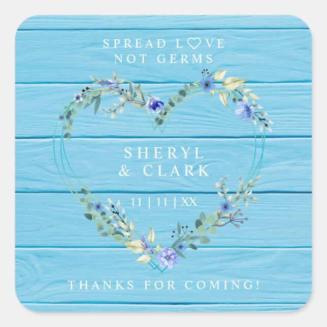 Custom Blue Wood Floral Heart Wedding Sanitizer Square Sticker (Front)