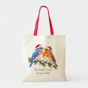 Custom Bluebird Robin Winter Couple  Tote Bag