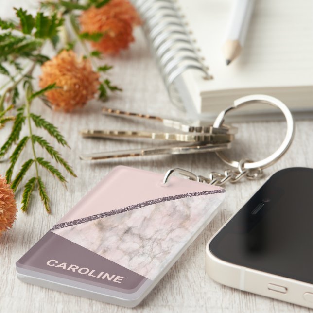 Custom Blush Mauve Pink Glitter Stripes Pattern Key Ring (Front Right)