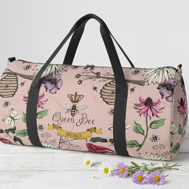Custom Blush Pink, Black & Gold Queen Bee & Crown Duffle Bag (Feminine Floral Queen Bee Duffle Bag for Her. Modern Bees, Honeybees, Beehive Insect Flower Pattern.)