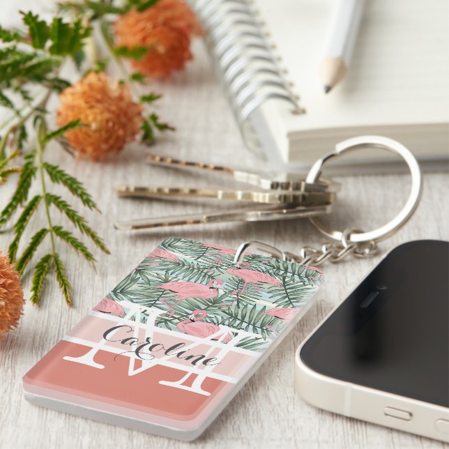 Custom Blush Pink Flamingoes Palm Leafs Pattern Key Ring (Front Right)