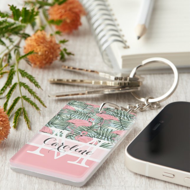 Custom Blush Pink Flamingoes Palm Leafs Pattern Key Ring (Front Right)
