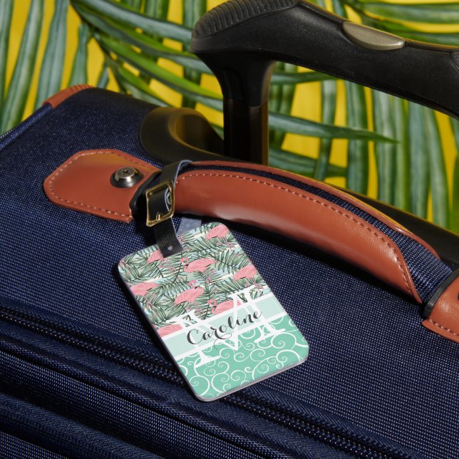 Custom Blush Pink Flamingoes Palm Leafs Pattern Luggage Tag (Front Insitu 1)