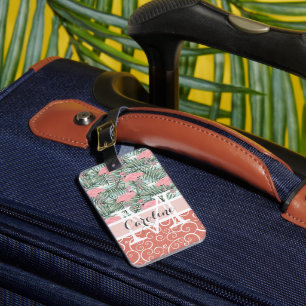 Custom Blush Pink Flamingoes Palm Leafs Pattern Luggage Tag