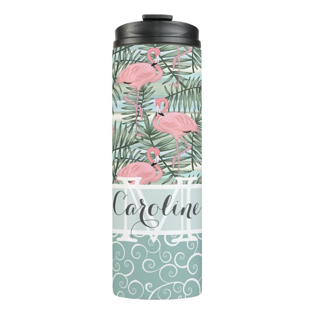 Custom Blush Pink Flamingoes Palm Leafs Pattern Thermal Tumbler (Front)