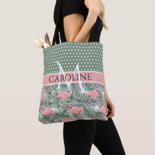 Custom Blush Pink Flamingoes Palm Leafs Pattern Tote Bag