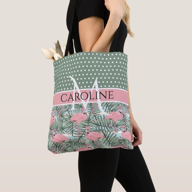 Custom Blush Pink Flamingoes Palm Leafs Pattern Tote Bag (Close Up)