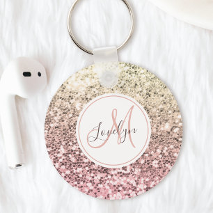 Custom Blush Pink Glitter Unicorn Monogrammed Name Key Ring