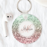 Custom Blush Pink Green Glitter Monogram Name Key Ring<br><div class="desc">Easily personalize this beautiful sparkly pink and green faux glitter keychain with your custom handwritten script monogram and name.</div>