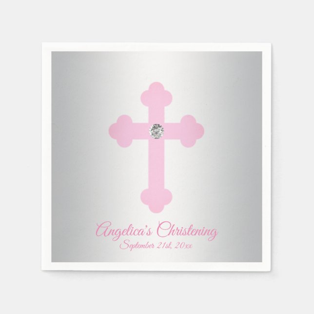 Custom Blush Pink Rose GIRL CHRISTENING BAPTISM Napkin (Front)