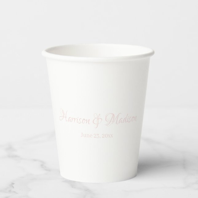 Custom blush pink script Couple Name Date Wedding  Paper Cups (Front)