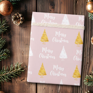 Custom Blush Pink White Golden Christmas Tree Wrapping Paper
