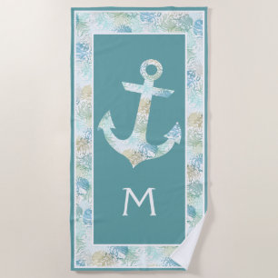 Custom Boat Anchor On Aqua Blue Teal Seaweed Motif Beach Towel
