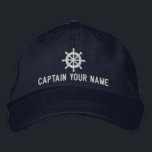 Custom boat captain hat with nautical ship wheel<br><div class="desc">Custom boat captain hat with nautical ship wheel logo. Navy blue and white cap design with boat helm icon. Maritime theme Birthday or Father's Day gift idea for friends and family who love being on the lake or ocean. Make your own headwear for first mate or sailor dad, father, uncle,...</div>