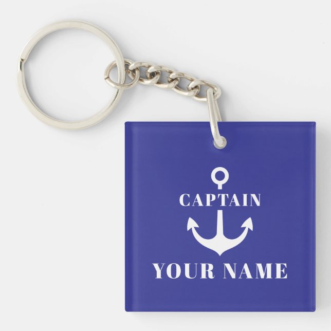 Custom Boat Captain Name Anchor Blue Keychain (Front)