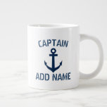 Custom boat captain name & anchor large jumbo mug<br><div class="desc">Personalised boat captain name and anchor extra large jumbo mug. Nautical accessories with navy blue anchor and custom name or monogram initial letters. Maritime Fathers Day, Birthday gift idea for sailor men. Make your own present for skipper dad, father, grandpa, uncle, son, boyfriend, friend, stepfather, stepdad, husband, wedding groom, boss,...</div>