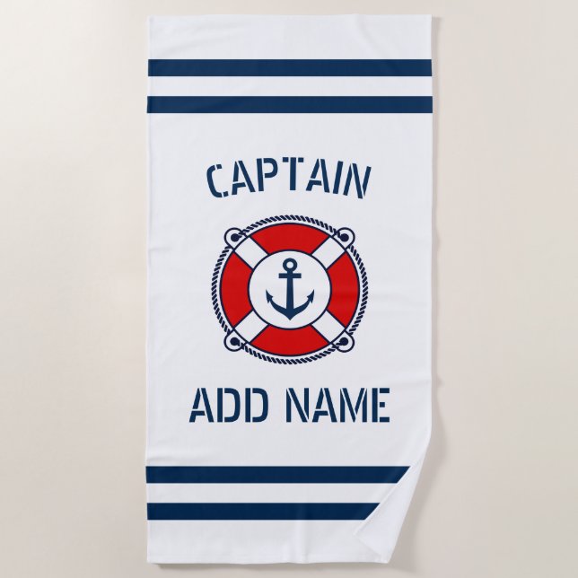 Custom boat captain name nautical anchor ring buoy beach towel (Front)