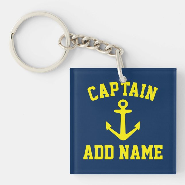 Custom boat captain name yellow navy anchor key ring (Front)