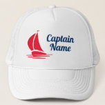 Custom boat captain trucker hat for sailors<br><div class="desc">Custom boat captain trucker hat for sailors. Cool white cap for skipper,  dad,  husband,  fisher,  uncle,  grandpa,  friend,  brother etc. Red sailboat logo with elegant navy blue script typography. All customisable colours.</div>