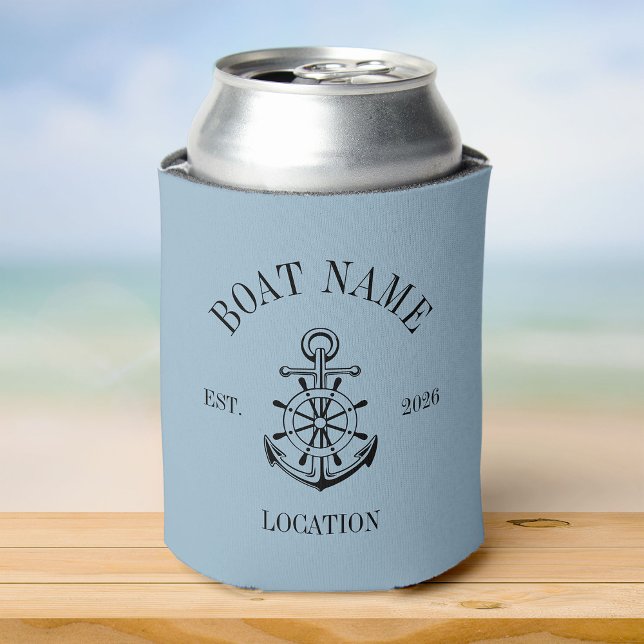 Custom Boat Name Anchor Crest Nautical Lake House Can Cooler (Creator Uploaded)