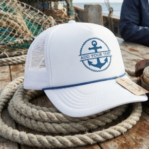 Custom Boat Name Blue and White Nautical Anchor Trucker Hat