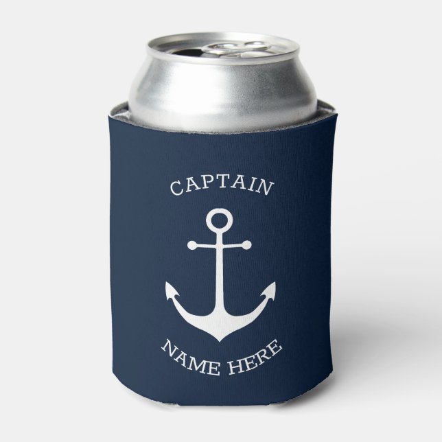 Custom Boat name Captain nautical anchor dark navy Can Cooler (Can Front)