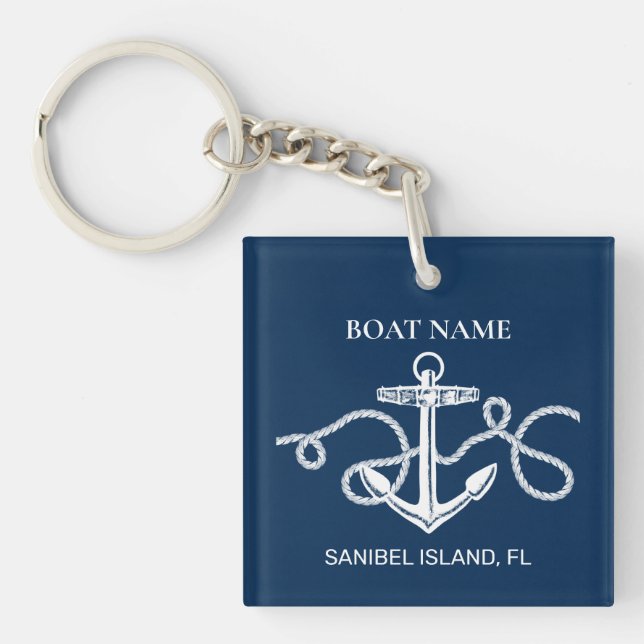 Custom Boat Name Nautical Anchor Navy Blue Key Ring (Front)