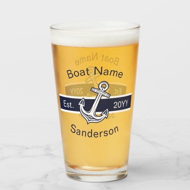 Custom Boat Name Nautical Anchor Navy Blue White Glass (Back Filled)