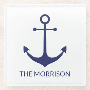 Custom Boat name nautical anchor navy blue white Glass Coaster
