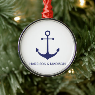 Custom Boat name nautical anchor navy blue white Metal Tree Decoration