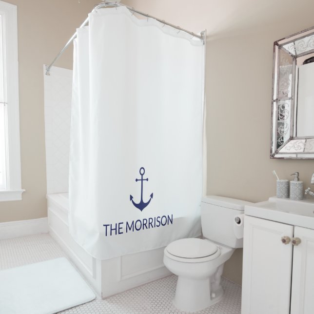 Custom Boat Name nautical navy blue anchor white Shower Curtain (In Situ)