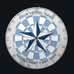 Custom Boat Name Nautical Star Personalised Dartboard<br><div class="desc">Let the games begin! Classic navy blue and white nautical star over a rustic wood background. Add your own special touch with your family or vessel name,  hailing port and established date. Perfect for party games at a cottage,  cabin or lake house.</div>
