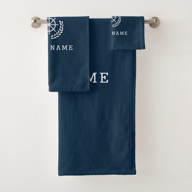 custom boat name, Navy blue Bath Towel (Insitu)