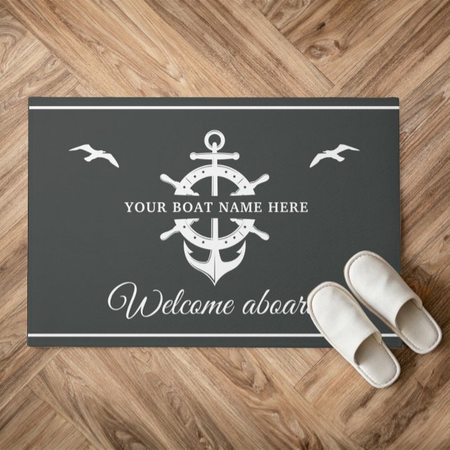 Custom Boat Name Ship’s Wheel Anchor Nautical Grey Doormat (Creator Uploaded)