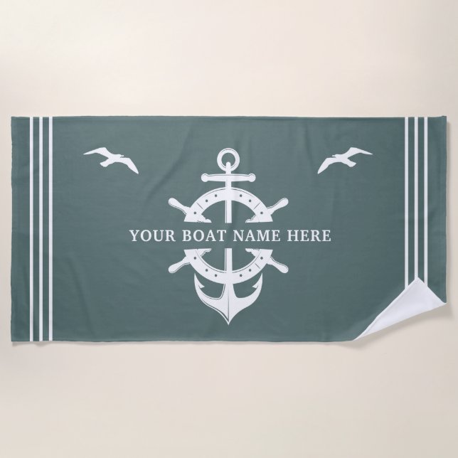 Custom Boat Name Ship’s Wheel Anchor Nautical Sage Beach Towel (Front)