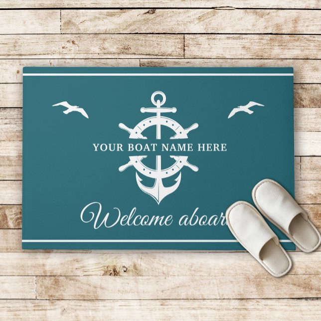 Custom Boat Name Ship’s Wheel Anchor Nautical Teal Doormat (Creator Uploaded)