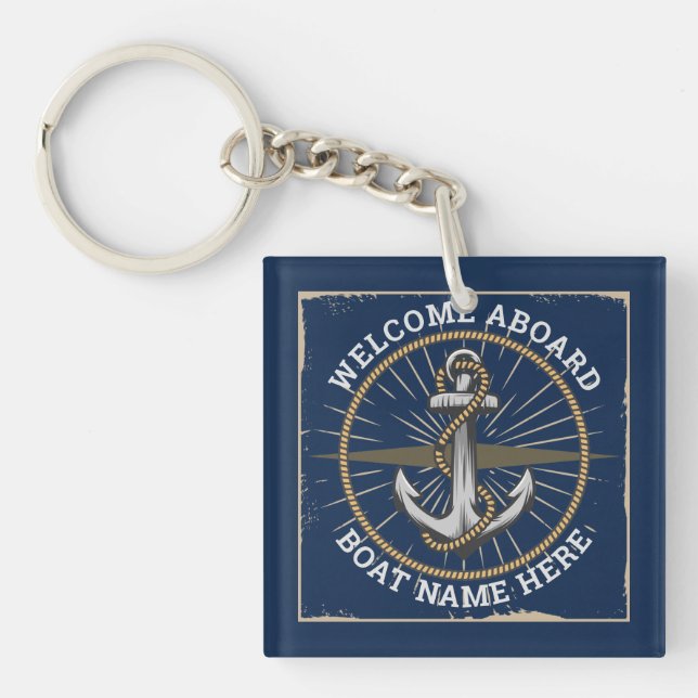 Custom boat name welcome aboard anchor and rope key ring (Front)