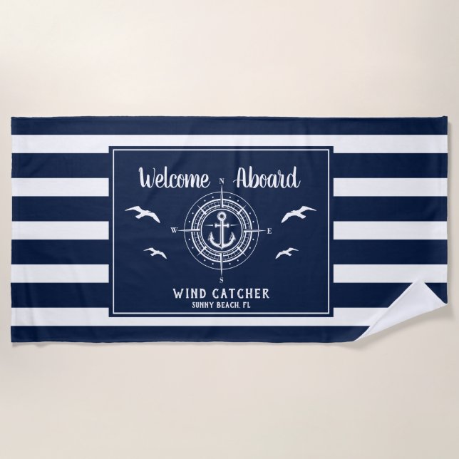 Custom Boat Name Welcome Aboard Anchor Beach Towel (Front)