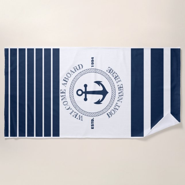 Custom Boat Name Welcome Aboard Anchor & Rope Beach Towel (Front)